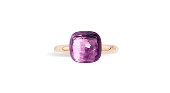 a yellow gold ring featuring a squared amethyst stone