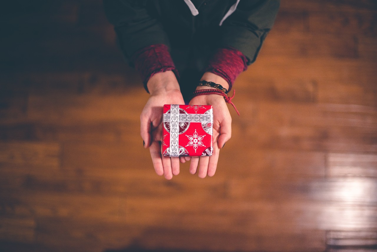 A person holds a small wrapped gift in their hands.