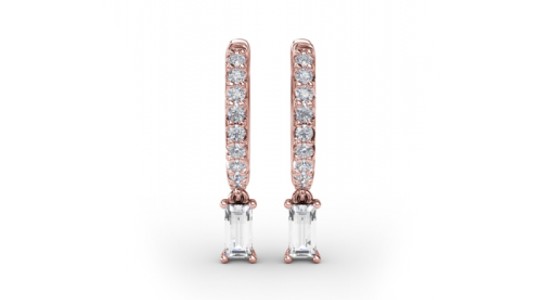 a pair of rose gold diamond huggie earrings with emerald cut dangles