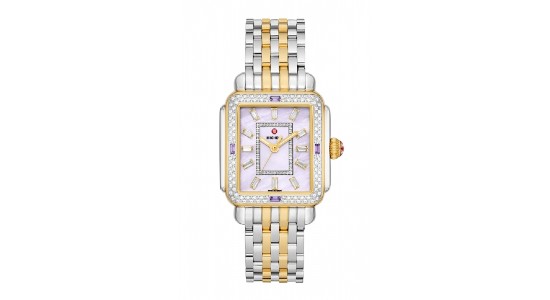 a mixed metal watch by Michele featuring baguette-cut amethysts and diamonds