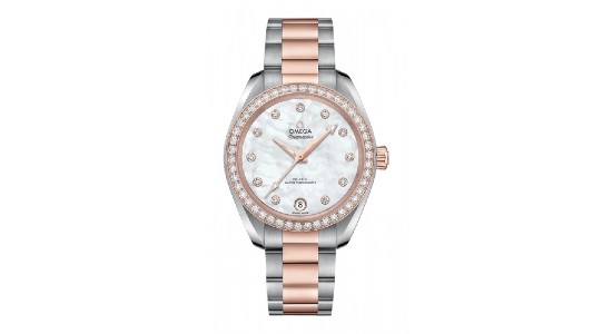 a mixed metal watch by Omega featuring a mother-of-pearl dial and diamond indices