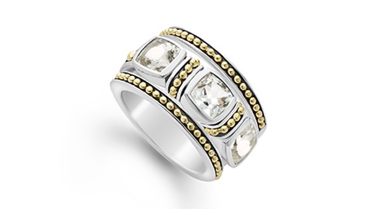 a mixed metal fashion ring by Lagos featuring white topaz and gold beading